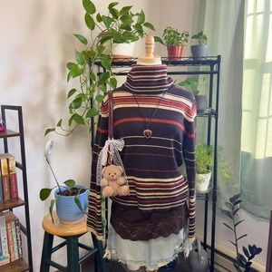 Vintage Y2K Striped Turtleneck Sweater Size Medium Brown/Red Retro Knit